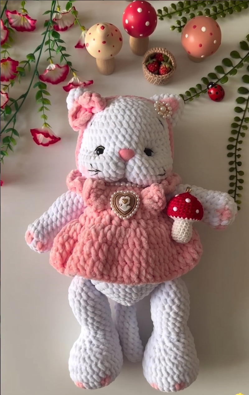Handmade Pink Dress Kitty Amigurumi Doll