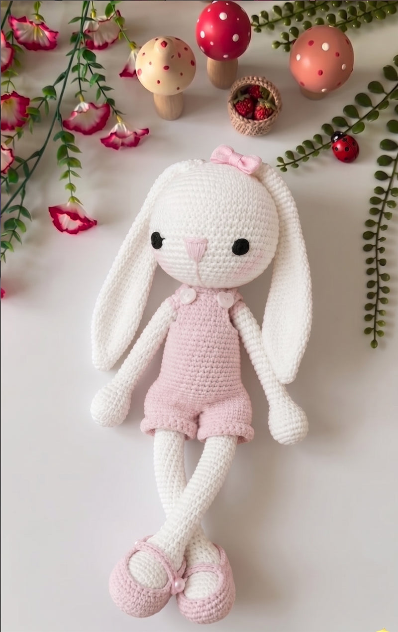 Handmade Pink Overalls Bunny Crochet Plush Doll
